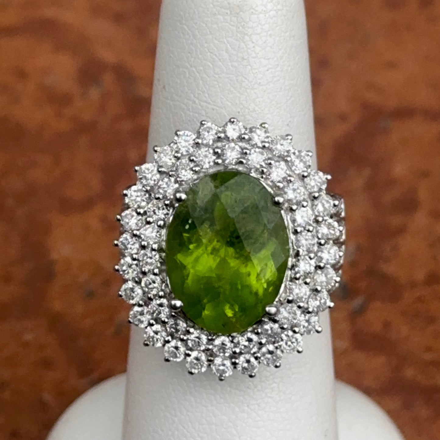 Estate 14KT White Gold Oval 5.3 CT Peridot + Diamond Halo Ring