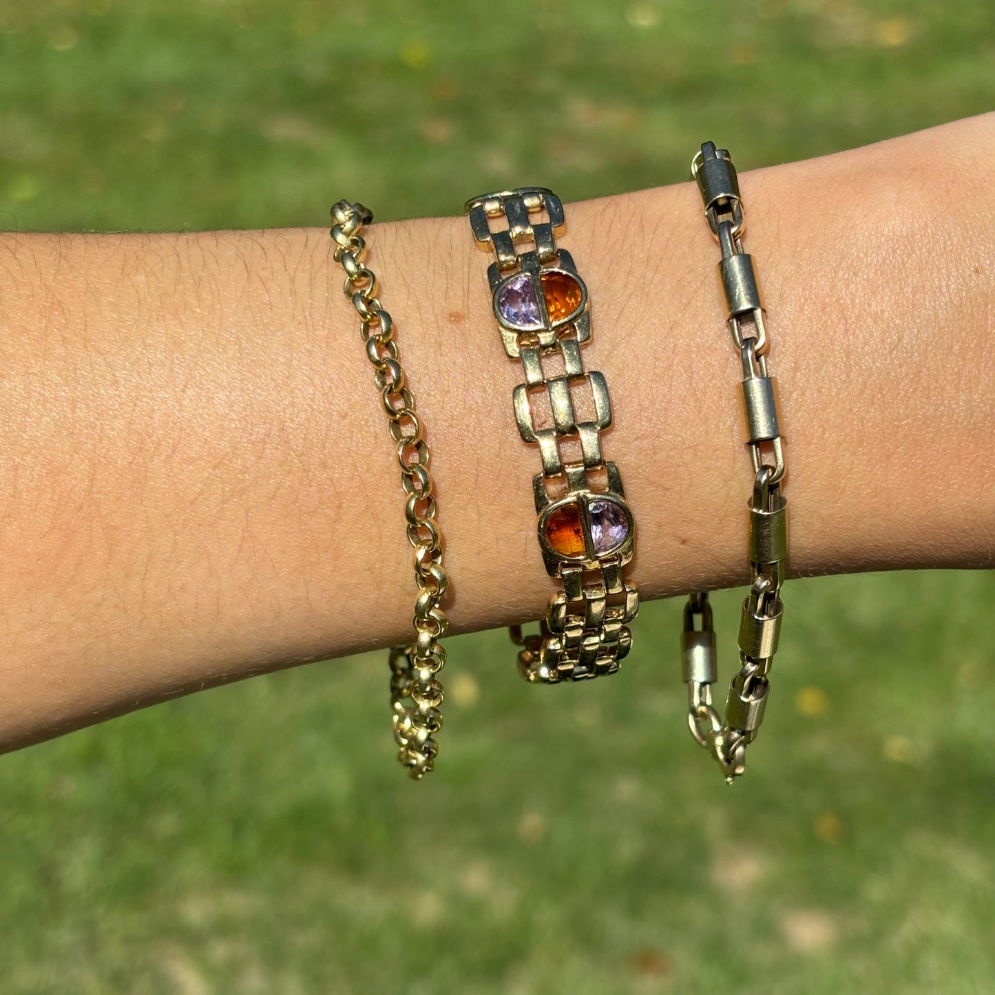 Estate 14KT Yellow Gold Amethyst + Citrine Panther Link Bracelet