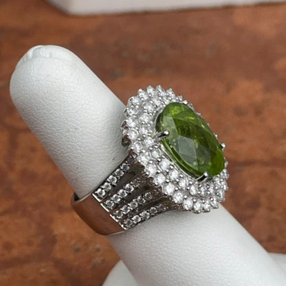 Estate 14KT White Gold Oval 5.3 CT Peridot + Diamond Halo Ring