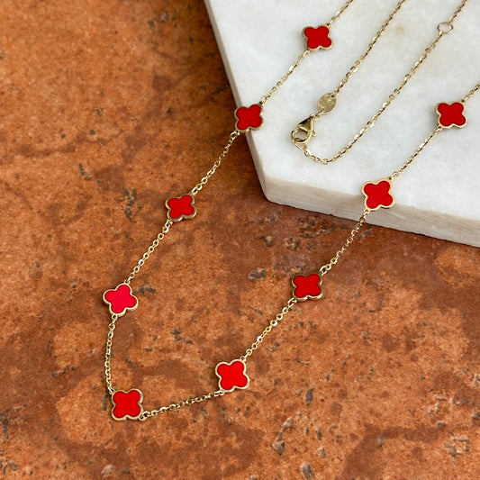14KT Yellow Gold 7mm Red Enamel Clover Station Necklace