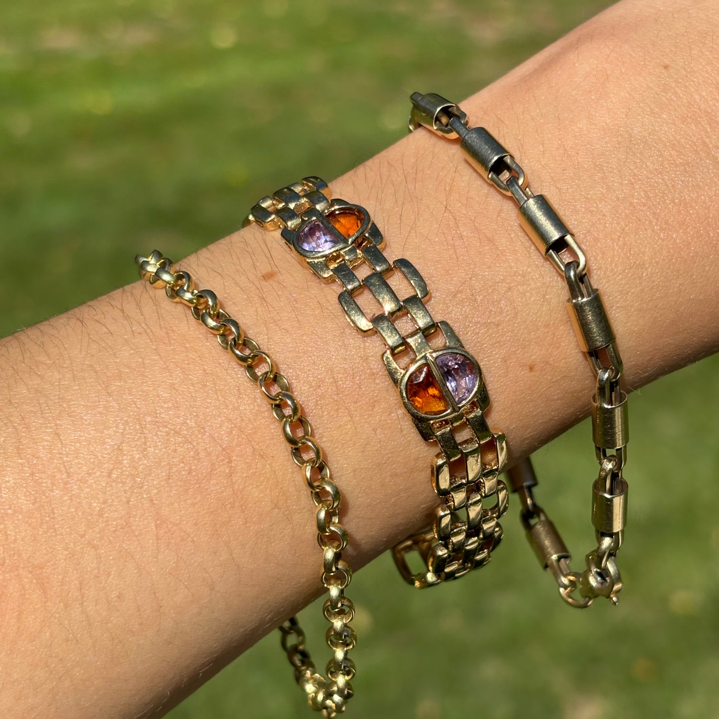 Estate 14KT Yellow Gold Amethyst + Citrine Panther Link Bracelet