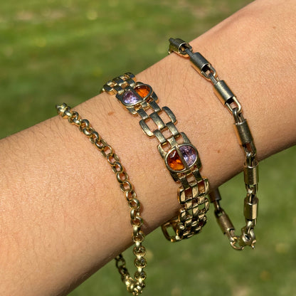 Estate 14KT Yellow Gold Amethyst + Citrine Panther Link Bracelet