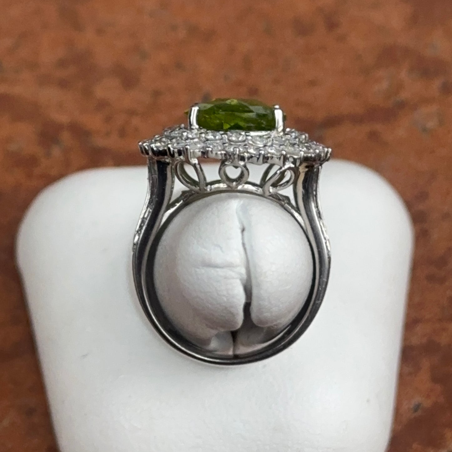 Estate 14KT White Gold Oval 5.3 CT Peridot + Diamond Halo Ring