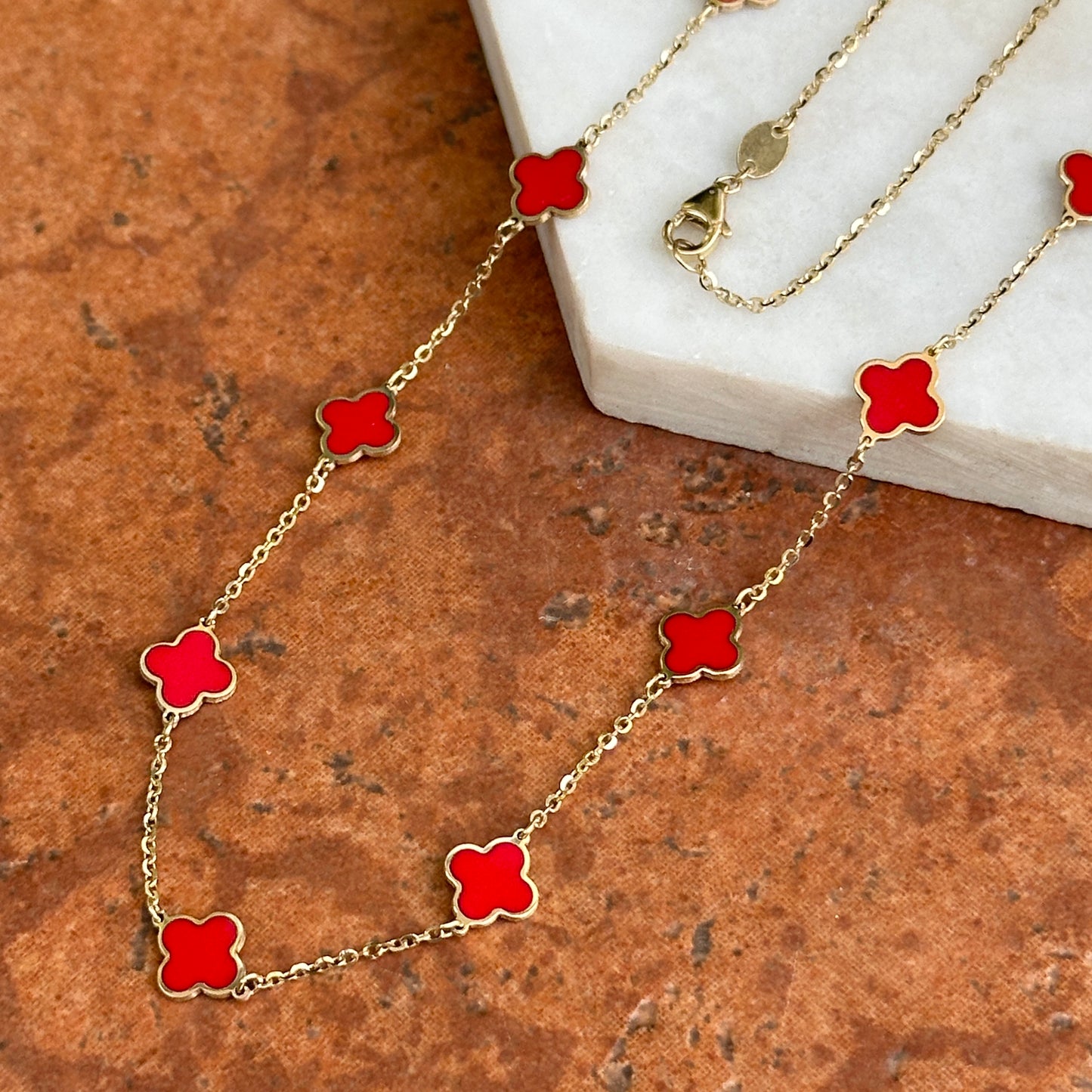 14KT Yellow Gold 7mm Red Enamel Clover Station Necklace