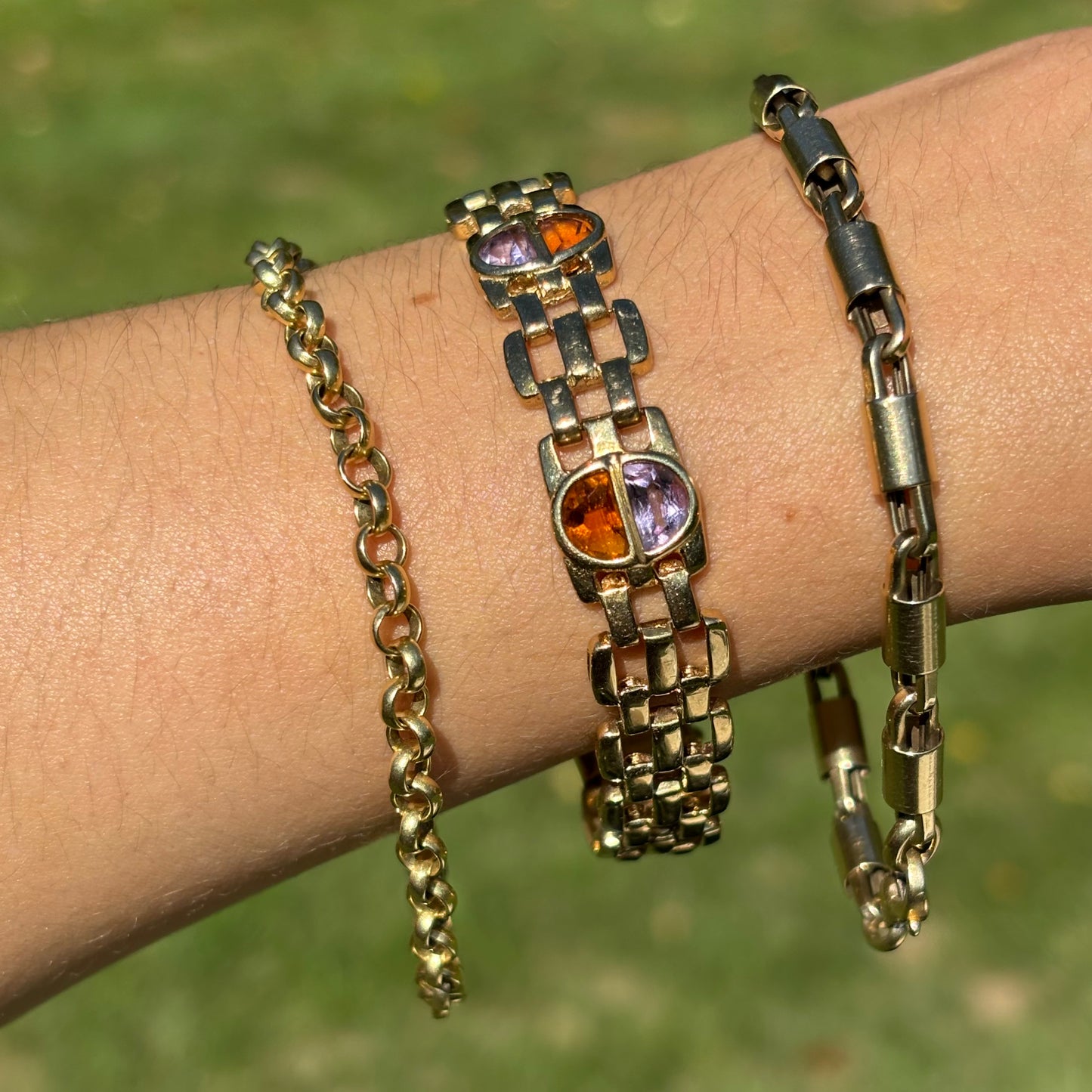 Estate 14KT Yellow Gold Amethyst + Citrine Panther Link Bracelet