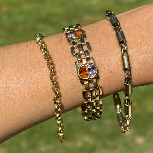 Estate 14KT Yellow Gold Amethyst + Citrine Panther Link Bracelet