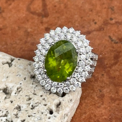 Estate 14KT White Gold Oval 5.3 CT Peridot + Diamond Halo Ring