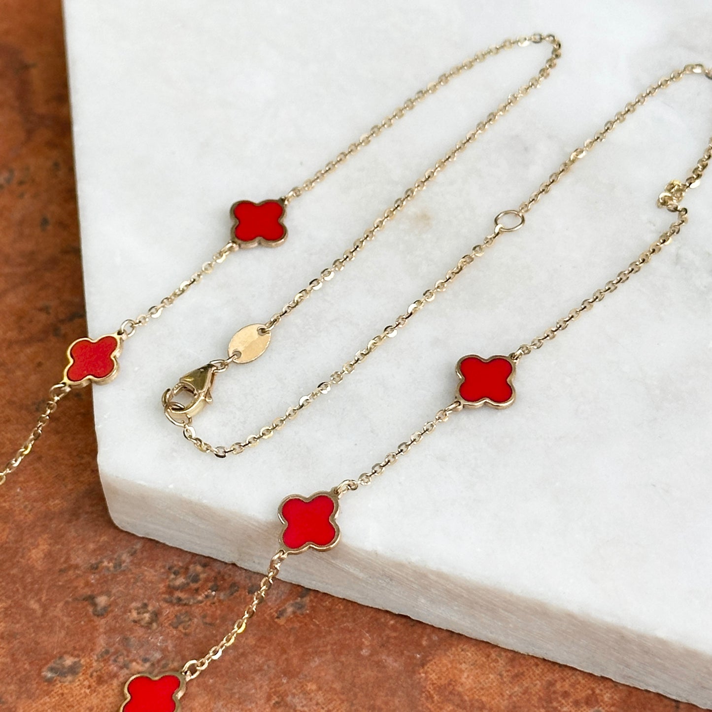 14KT Yellow Gold 7mm Red Enamel Clover Station Necklace