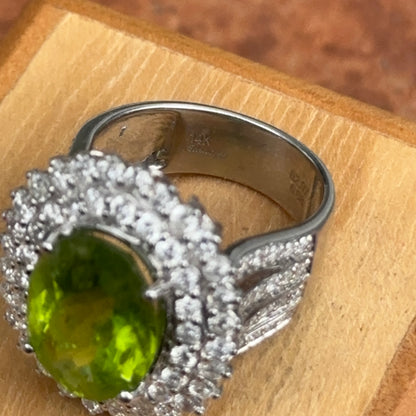 Estate 14KT White Gold Oval 5.3 CT Peridot + Diamond Halo Ring