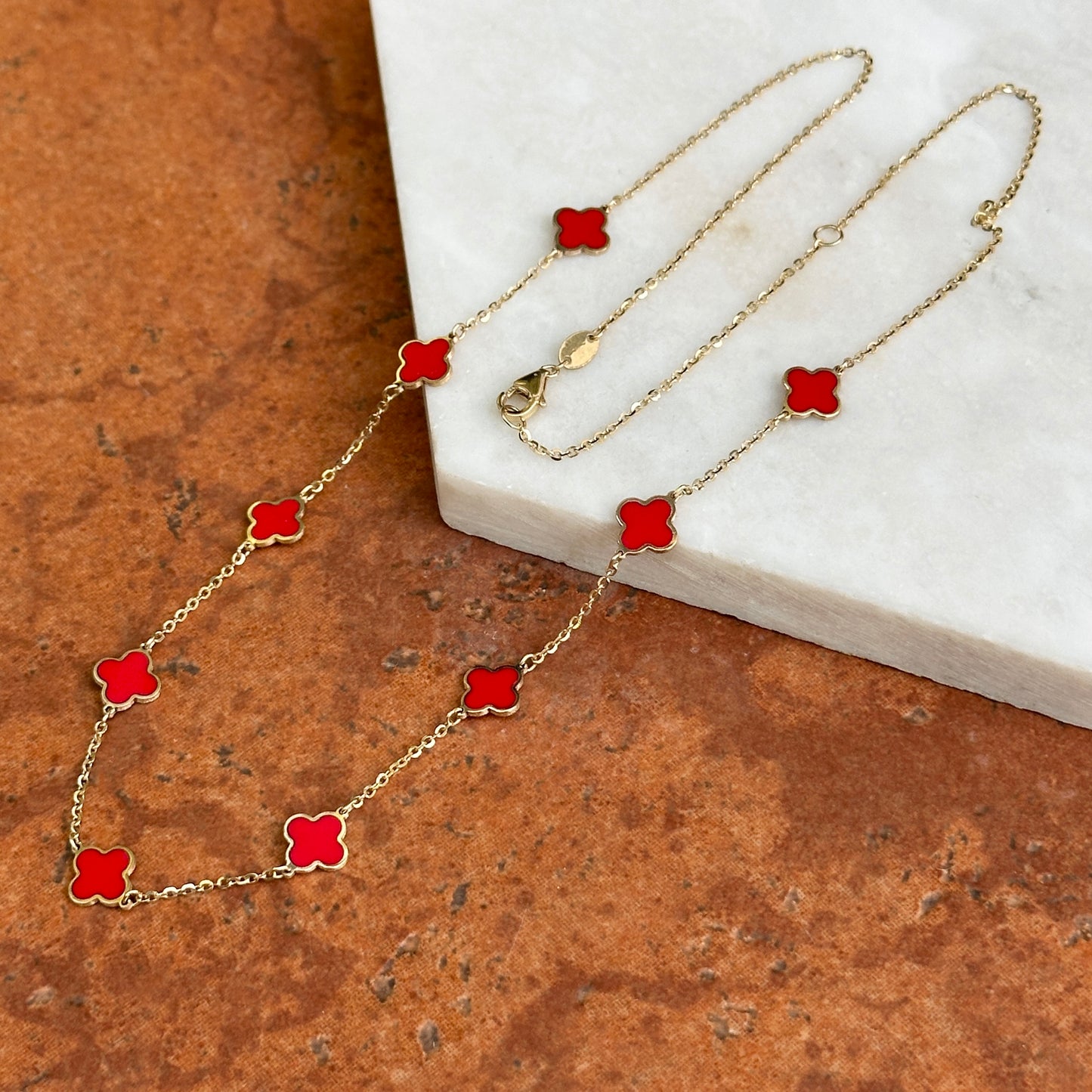 14KT Yellow Gold 7mm Red Enamel Clover Station Necklace