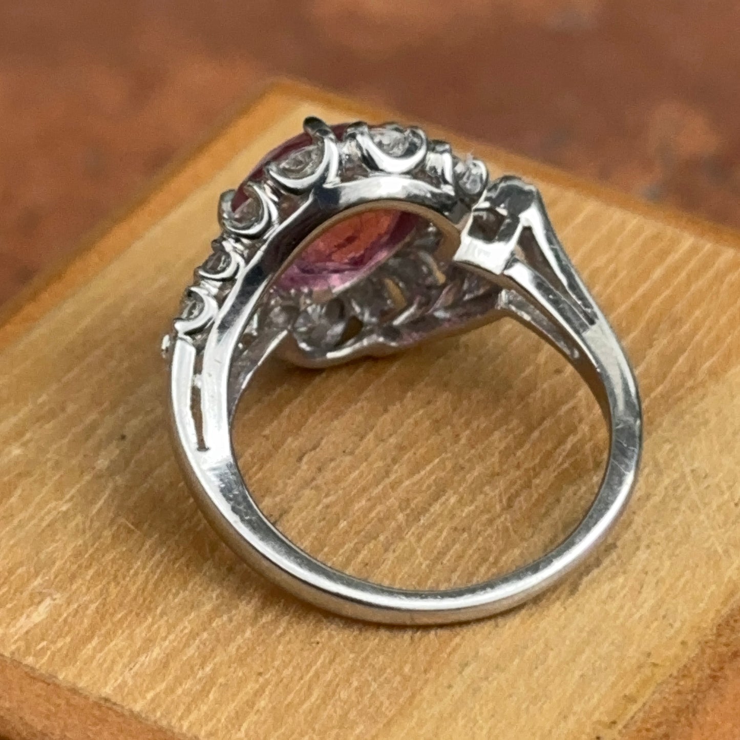 Estade Platinum Round Pink Tourmaline + Diamond Halo Bypass Ring