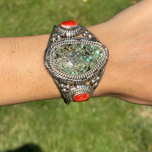 Estate Navajo Sterling Silver Turquoise + Spiny Oyster Cuff Bracelet