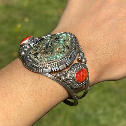Estate Navajo Sterling Silver Turquoise + Spiny Oyster Cuff Bracelet