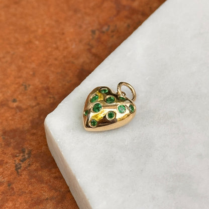 14KT Yellow Gold Gypsy-Set Emerald Puffed Heart Pendant Charm
