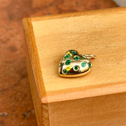 14KT Yellow Gold Gypsy-Set Emerald Puffed Heart Pendant Charm