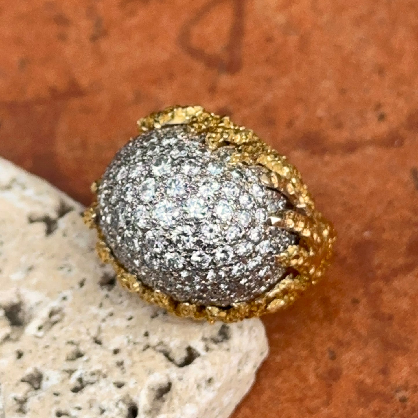 Estate 18KT Yellow Gold 5 CT Pave Diamond Dome Ring