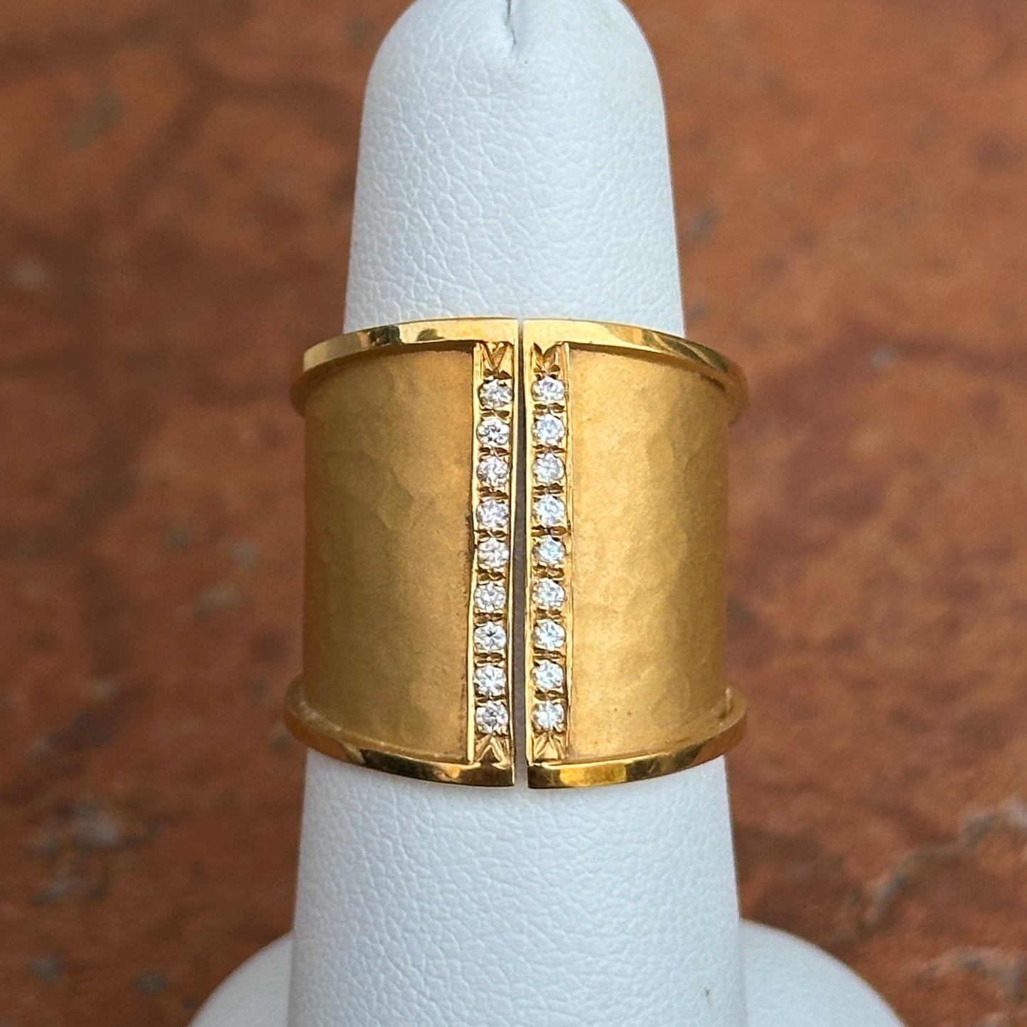 Estate Marika Desert 14KT Yellow Gold Hammered Diamond Wide Band Ring