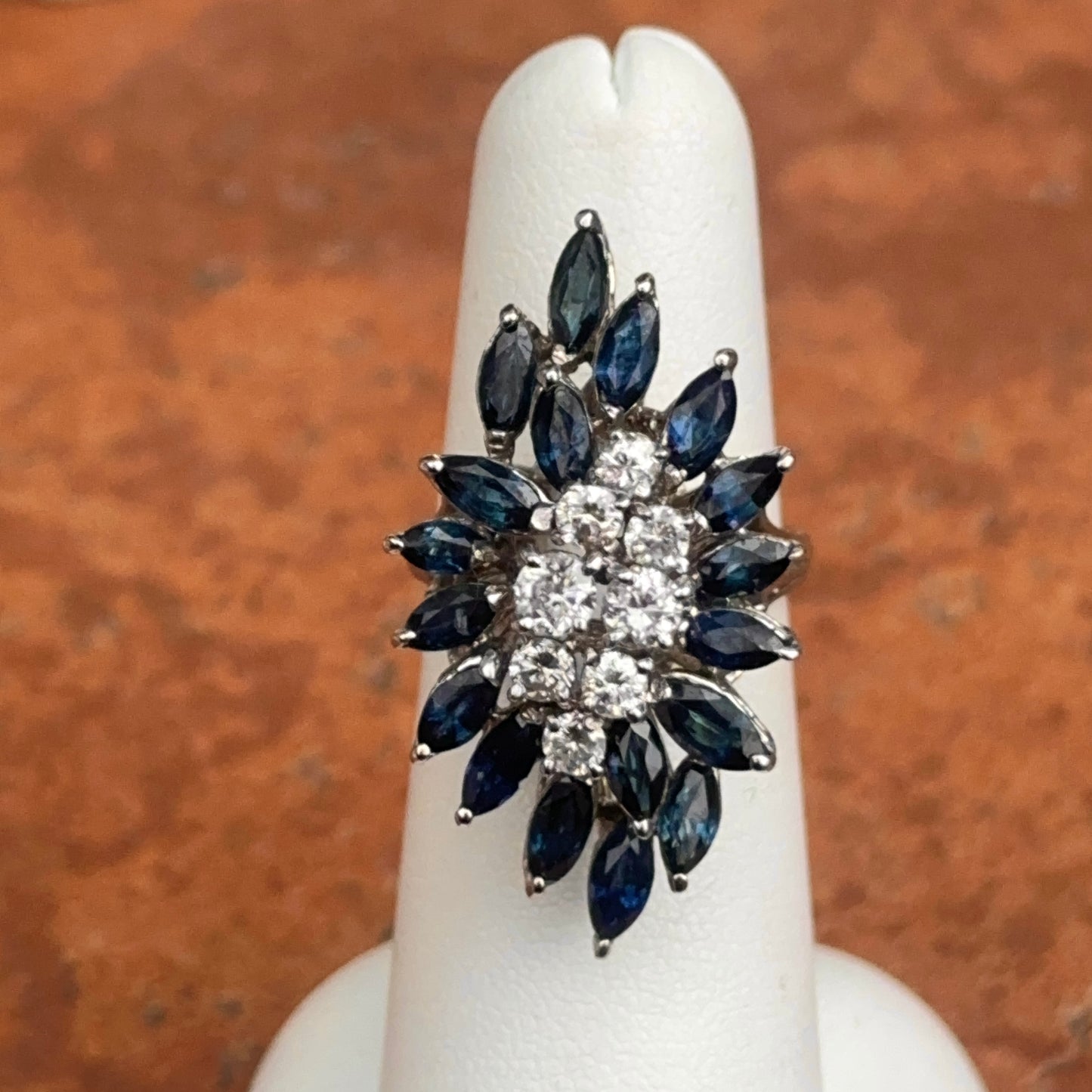 Estate 14KT White Gold Blue Sapphire + Diamond Mid Century Ring