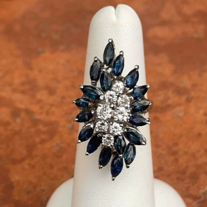 Estate 14KT White Gold Blue Sapphire + Diamond Mid Century Ring