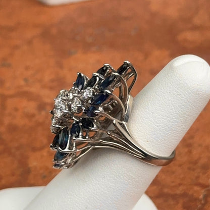 Estate 14KT White Gold Blue Sapphire + Diamond Mid Century Ring