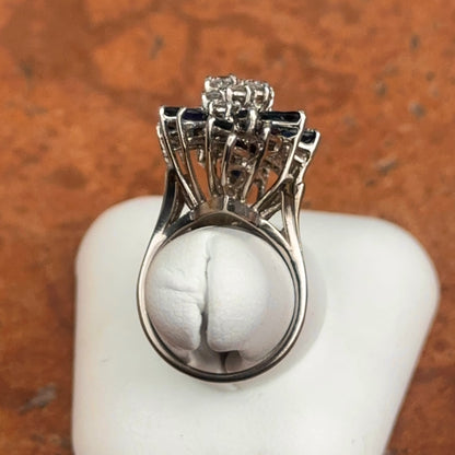 Estate 14KT White Gold Blue Sapphire + Diamond Mid Century Ring