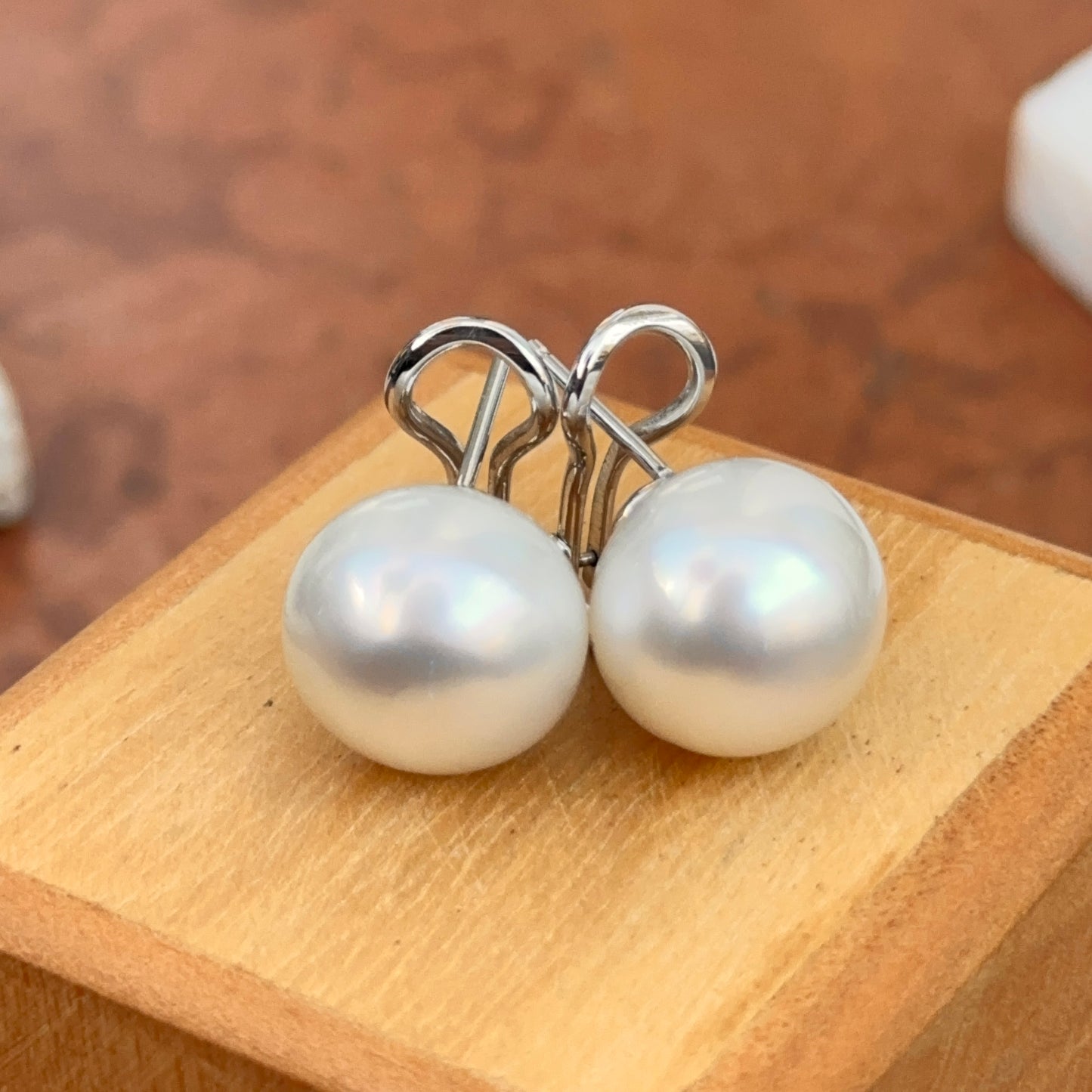 14KT White Gold 12mm Button Paspaley Pearl Omega Earrings