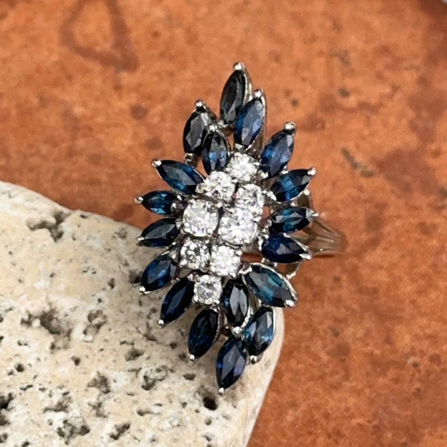 Estate 14KT White Gold Blue Sapphire + Diamond Mid Century Ring
