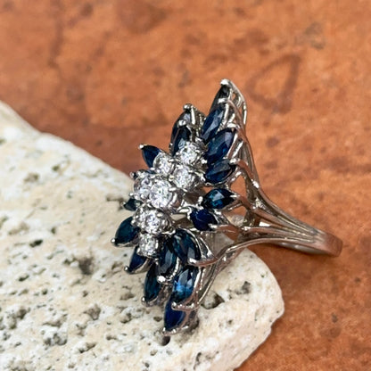 Estate 14KT White Gold Blue Sapphire + Diamond Mid Century Ring