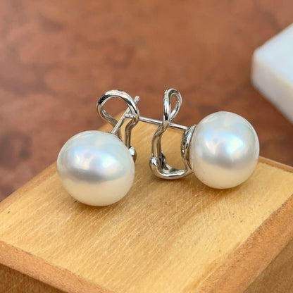 14KT White Gold 12mm Button Paspaley Pearl Omega Earrings