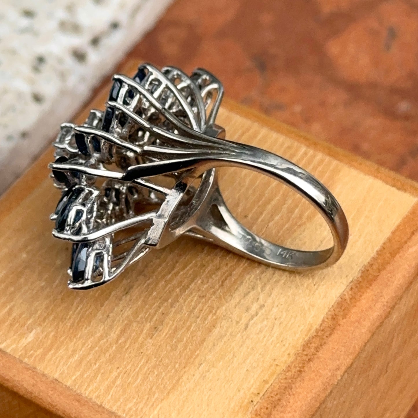 Estate 14KT White Gold Blue Sapphire + Diamond Mid Century Ring