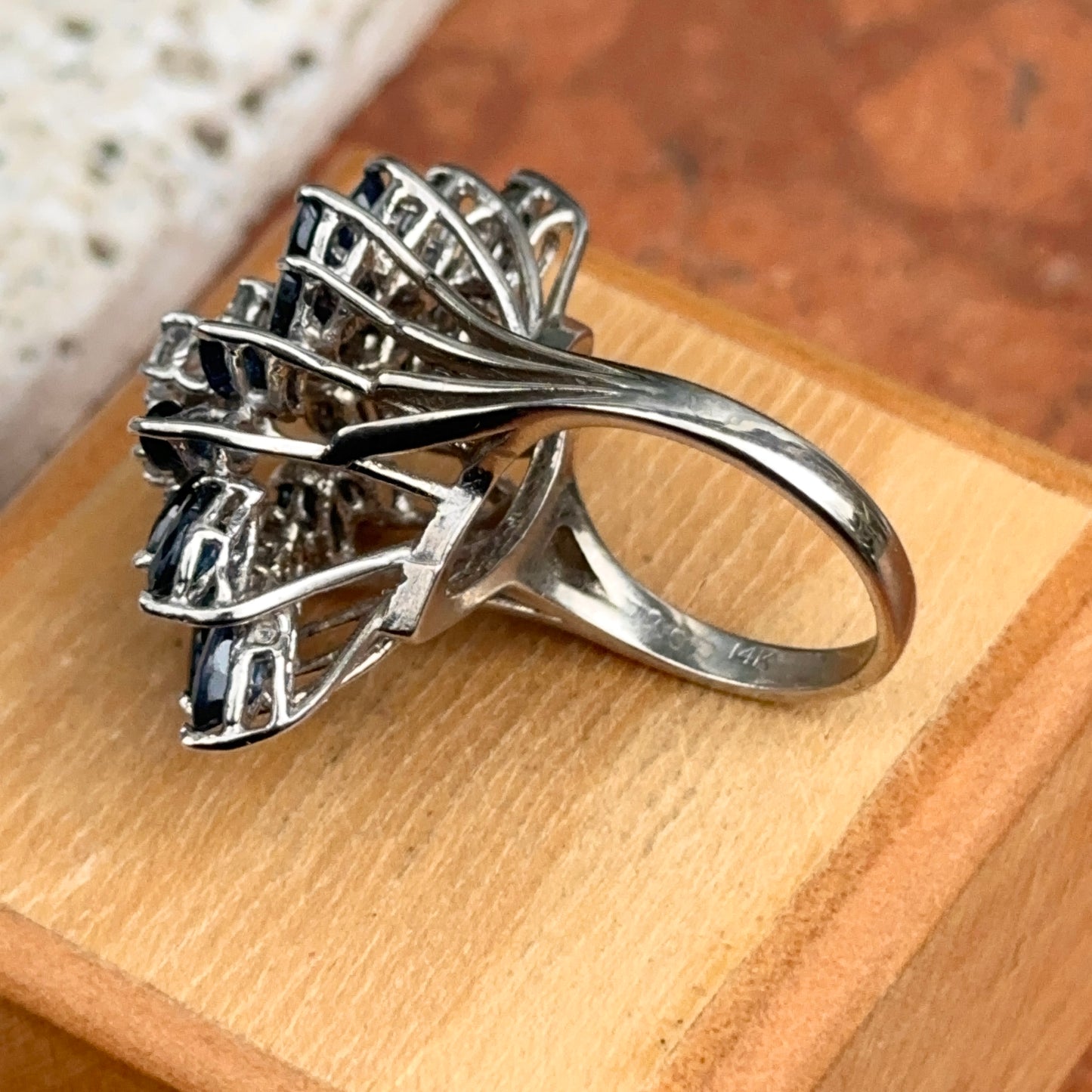 Estate 14KT White Gold Blue Sapphire + Diamond Mid Century Ring