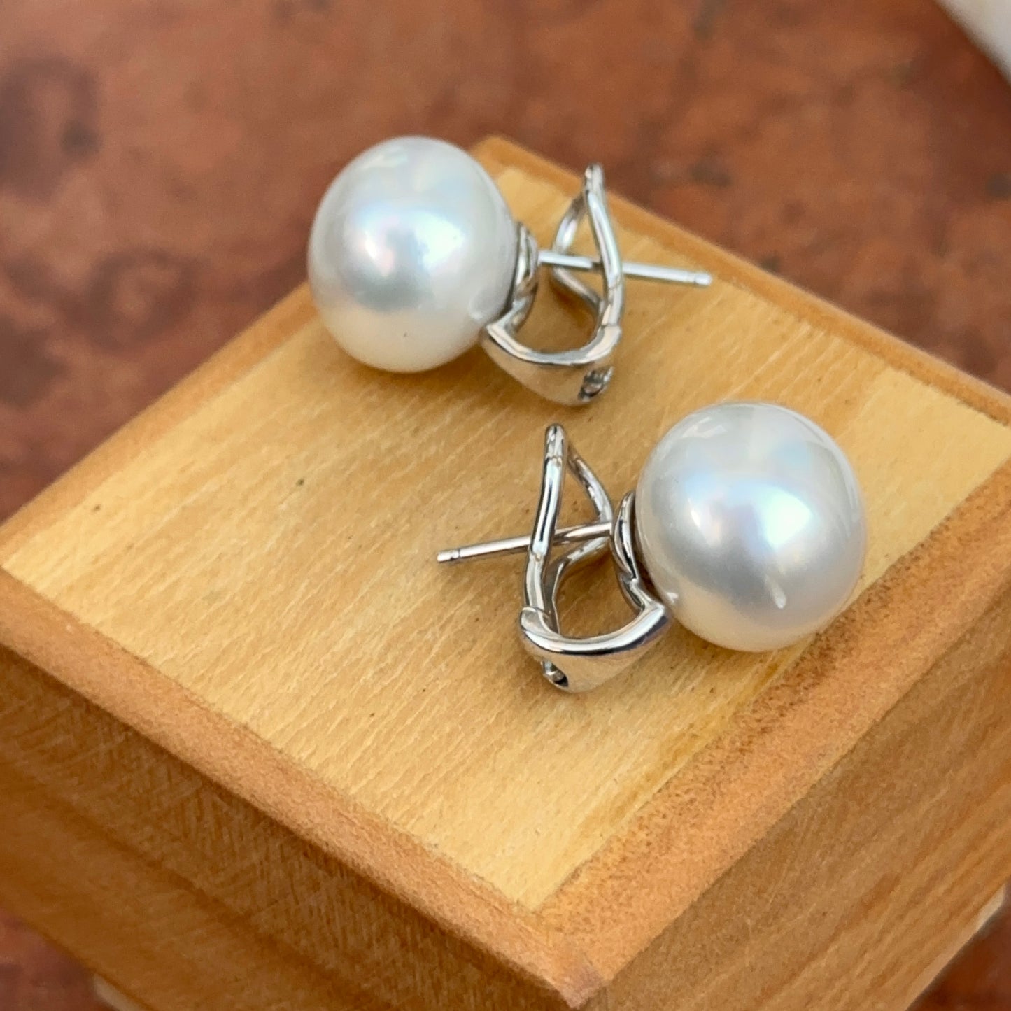 14KT White Gold 12mm Button Paspaley Pearl Omega Earrings