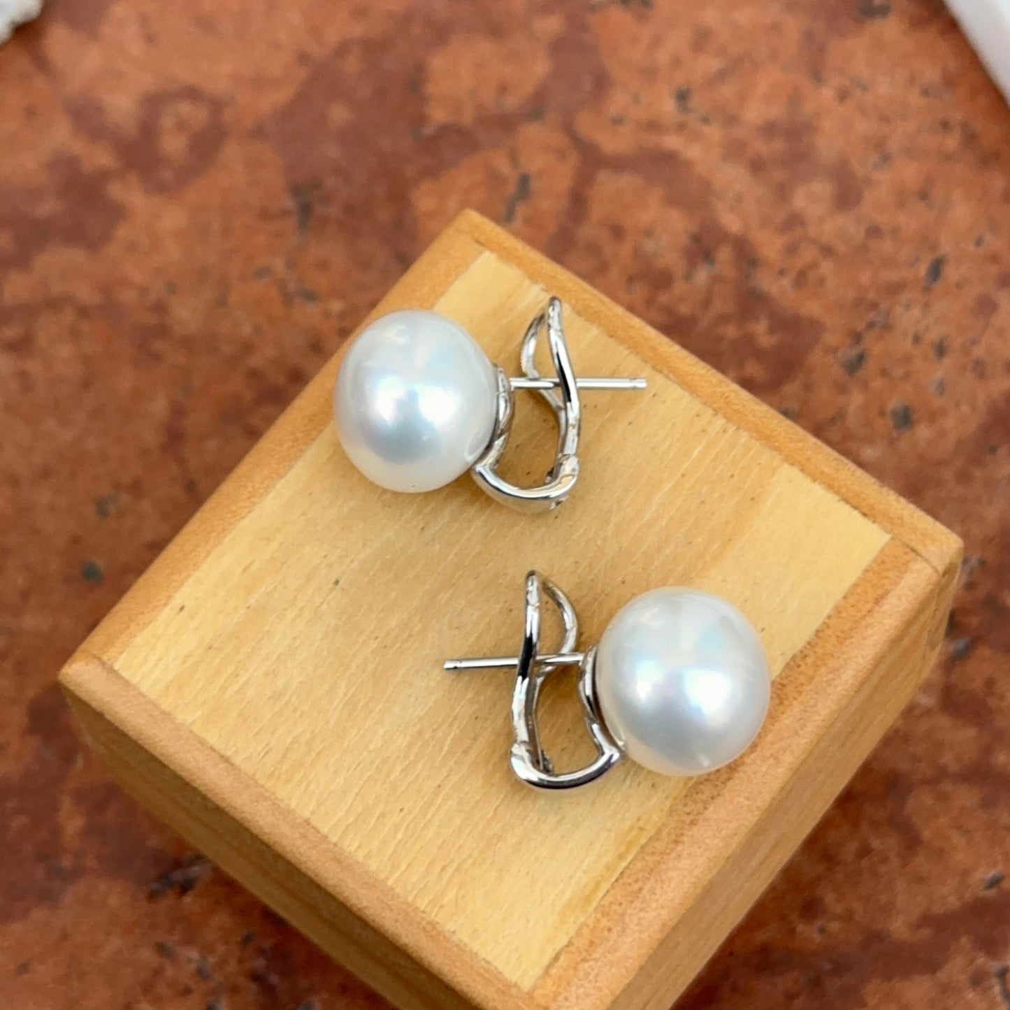 14KT White Gold 12mm Button Paspaley Pearl Omega Earrings