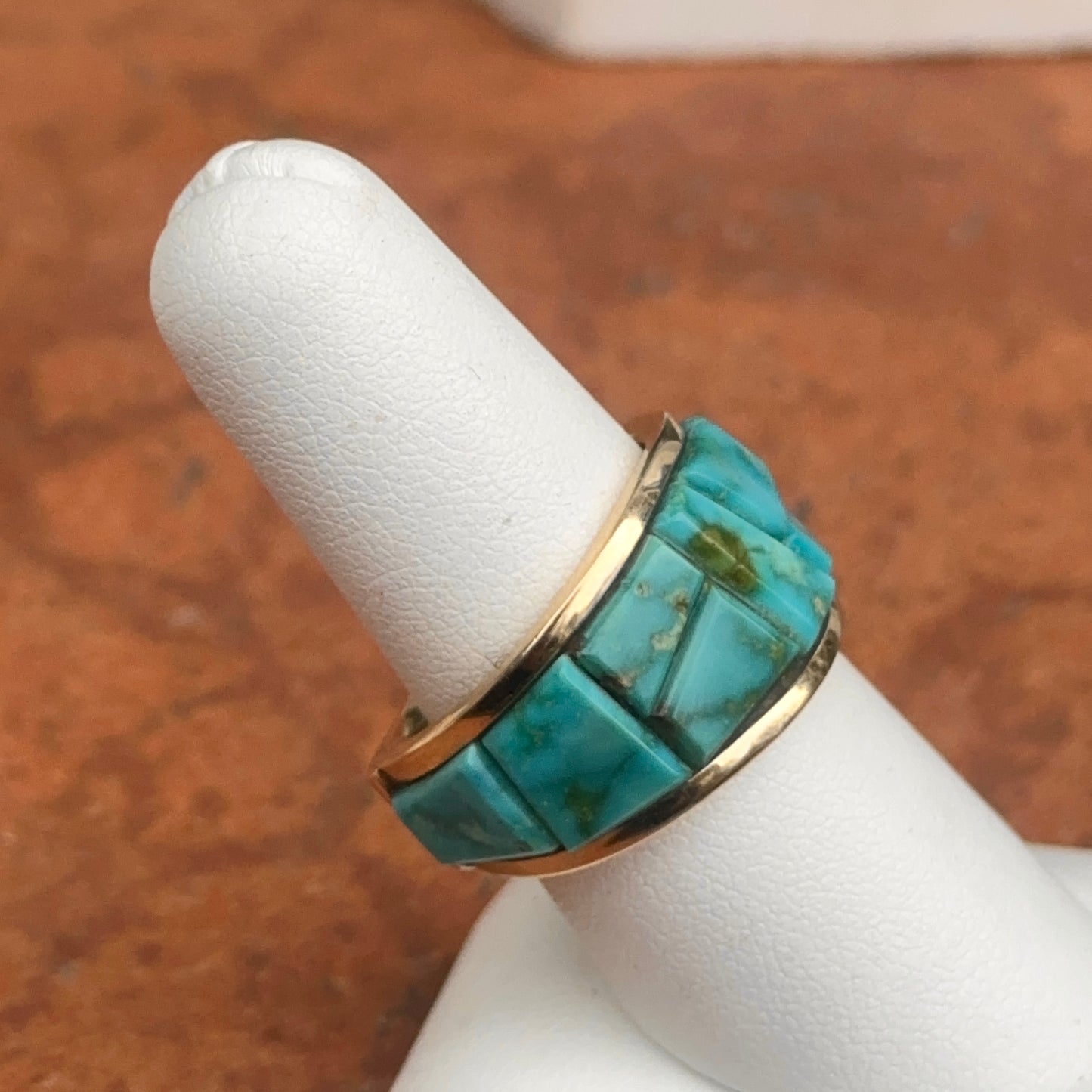 Estate 14KT Yellow Gold Geometric Arizona Turquoise Band Ring