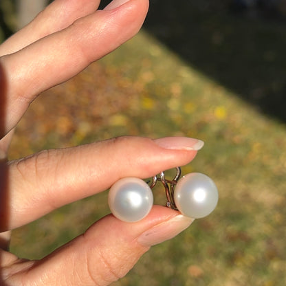 14KT White Gold 12mm Button Paspaley Pearl Omega Earrings