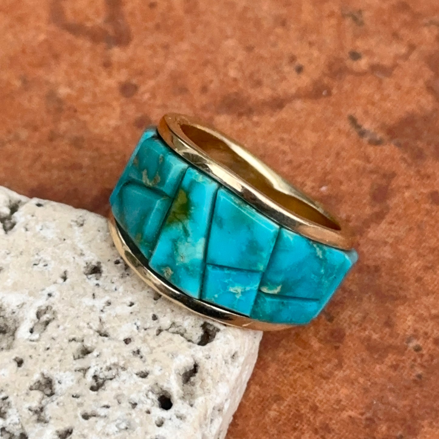 Estate 14KT Yellow Gold Geometric Arizona Turquoise Band Ring
