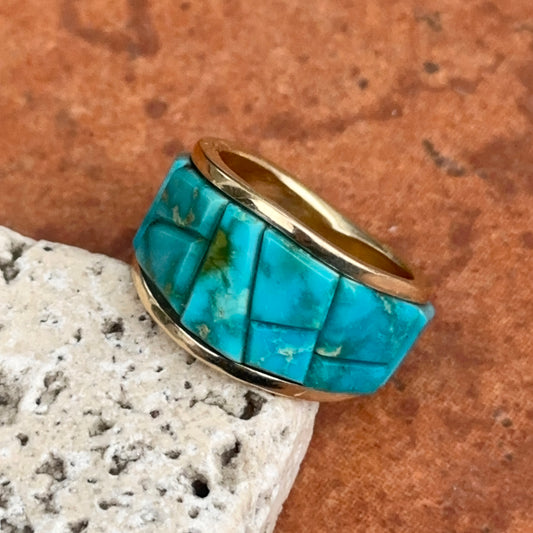 Estate 14KT Yellow Gold Geometric Arizona Turquoise Band Ring