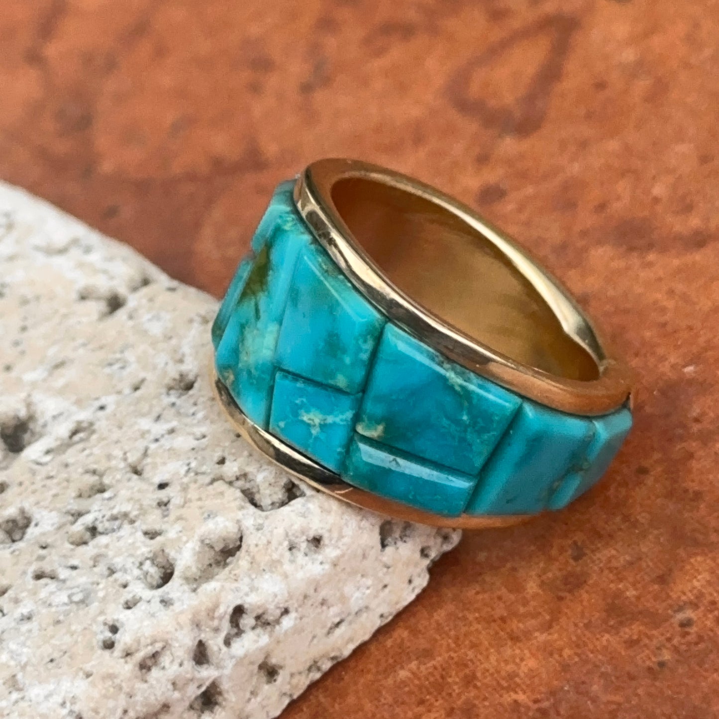 Estate 14KT Yellow Gold Geometric Arizona Turquoise Band Ring