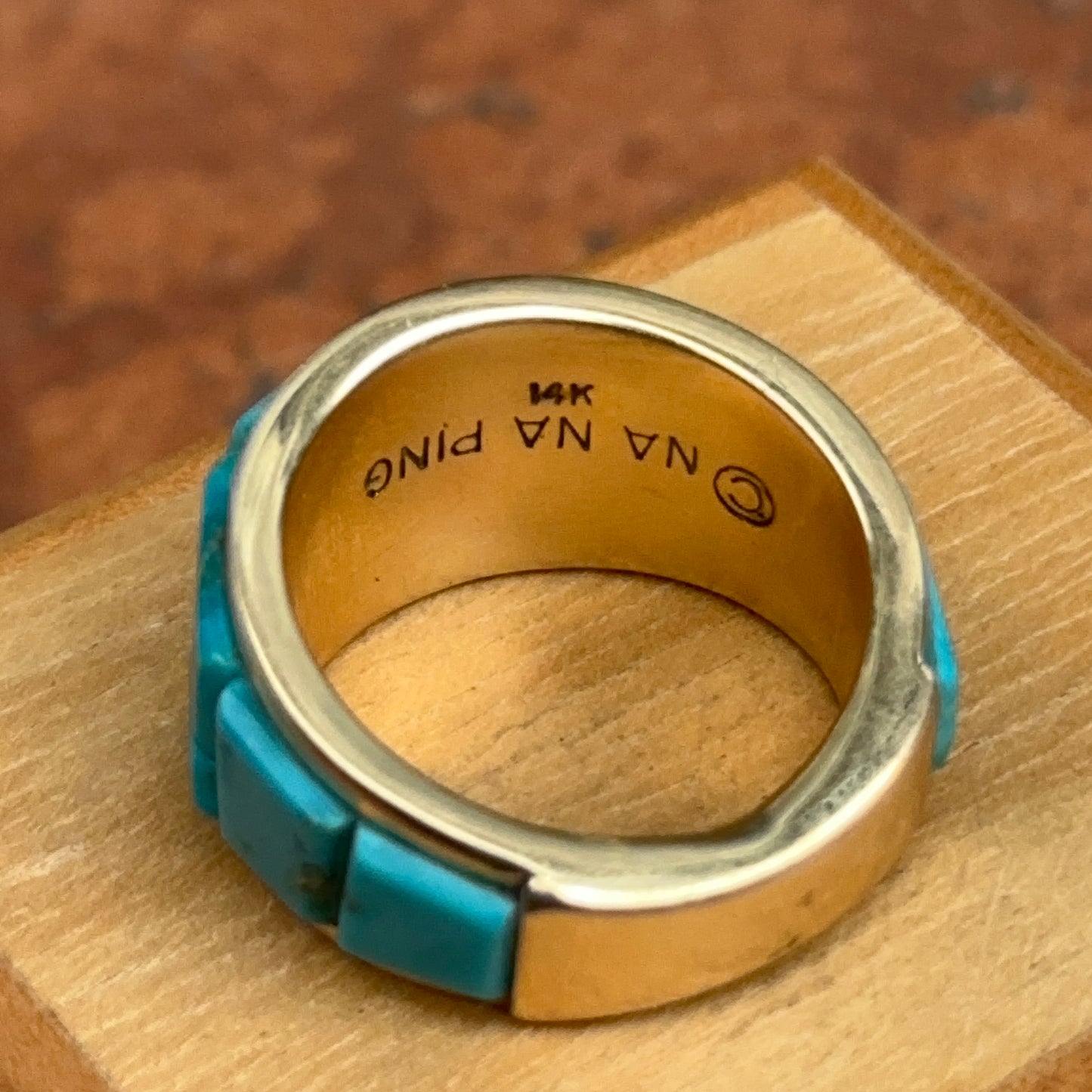 Estate 14KT Yellow Gold Geometric Arizona Turquoise Band Ring