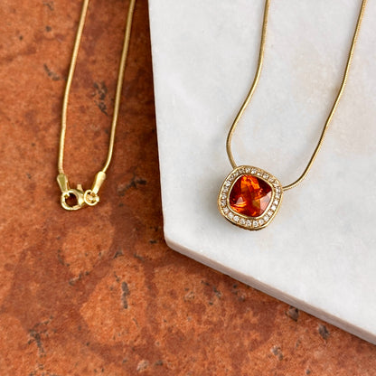 Estate 18KT Yellow Gold Checkerboard Citrine + Diamond Pendant Necklace