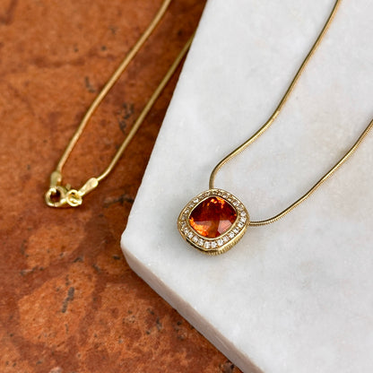 Estate 18KT Yellow Gold Checkerboard Citrine + Diamond Pendant Necklace