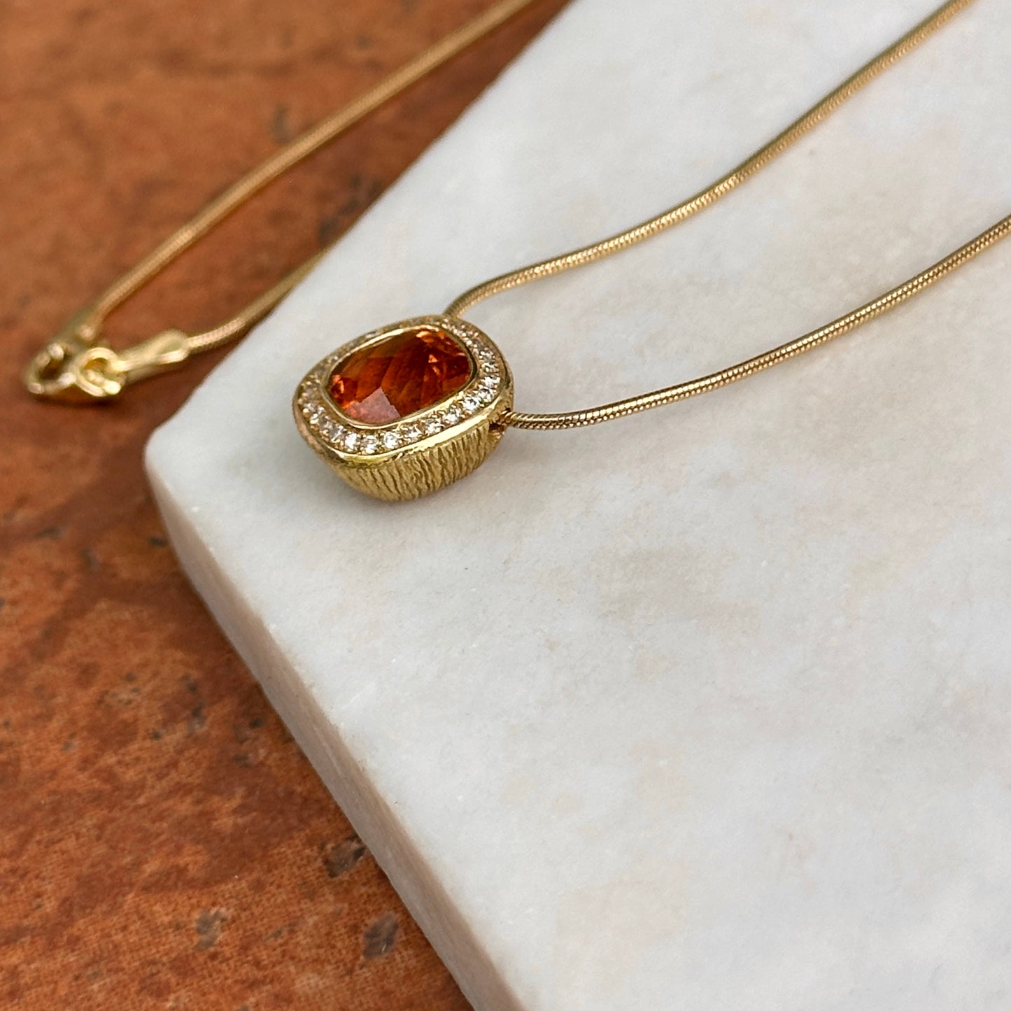 Estate 18KT Yellow Gold Checkerboard Citrine + Diamond Pendant Necklace