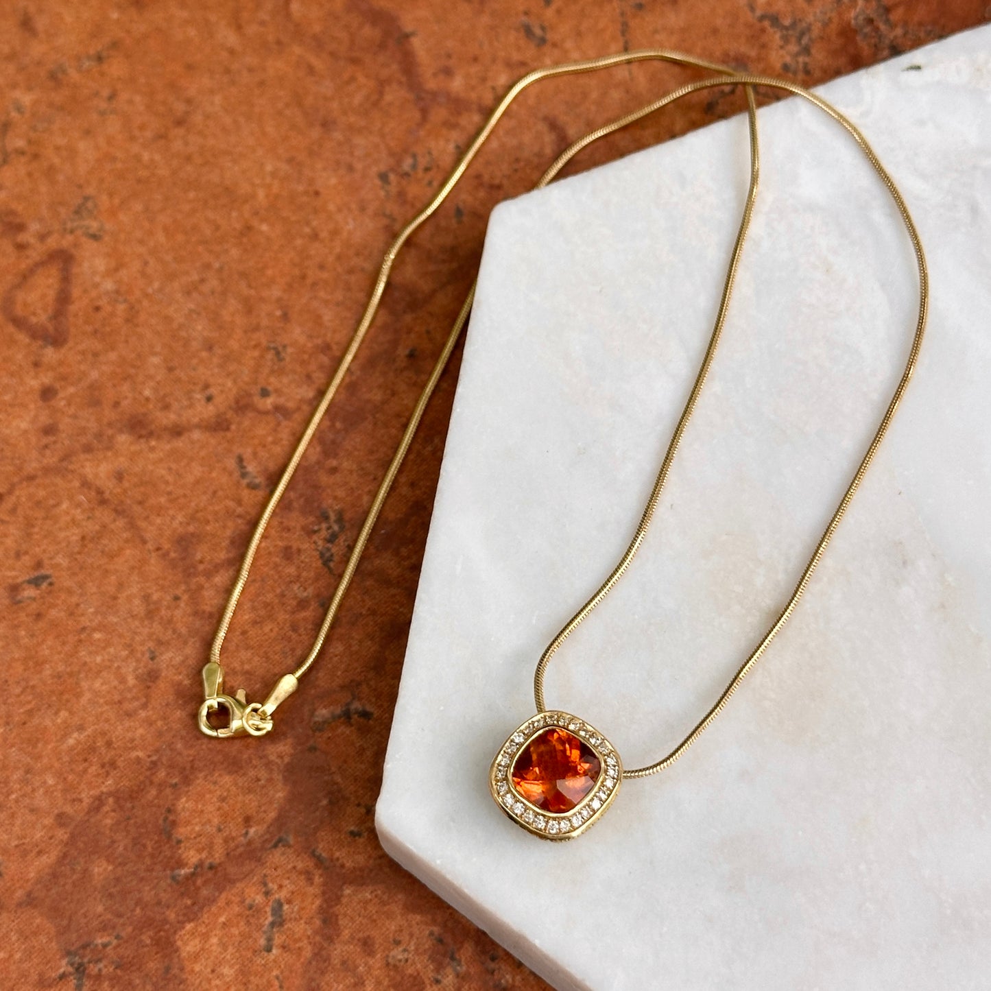 Estate 18KT Yellow Gold Checkerboard Citrine + Diamond Pendant Necklace