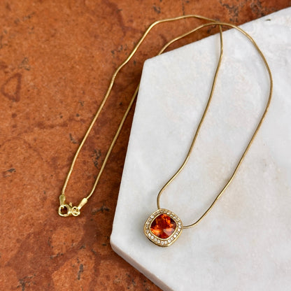 Estate 18KT Yellow Gold Checkerboard Citrine + Diamond Pendant Necklace