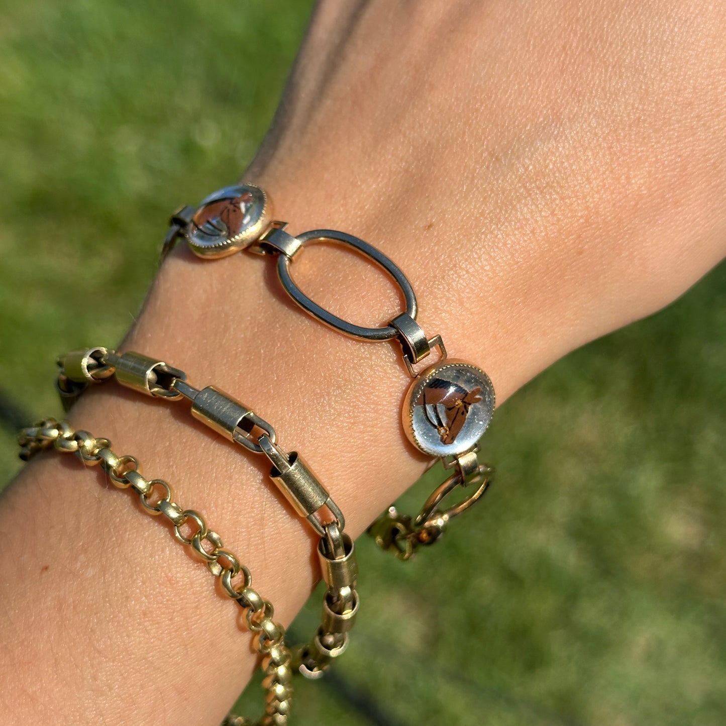 Estate Gold-Tone Painted Horse Bubble Link Bracelet