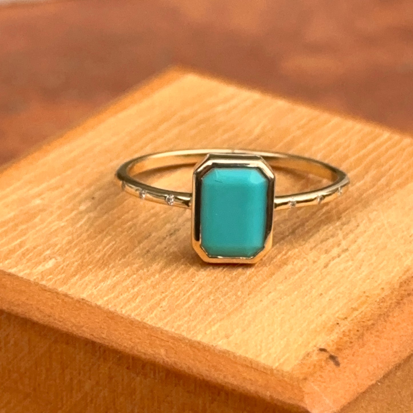 14KT Yellow Gold Emerald-Cut Turquoise + Diamond Band Ring