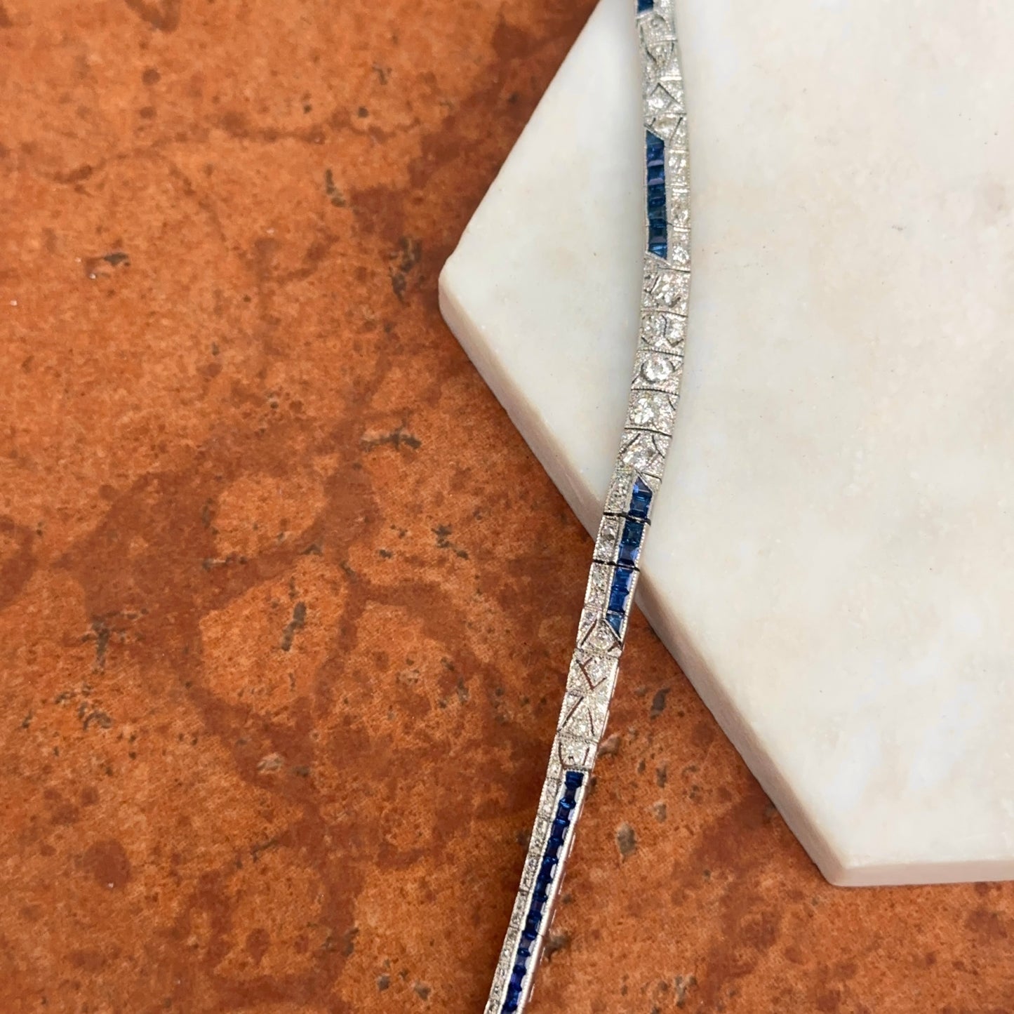 Estate Platinum Blue Sapphire + Diamond Art Deco Tennis Bracelet