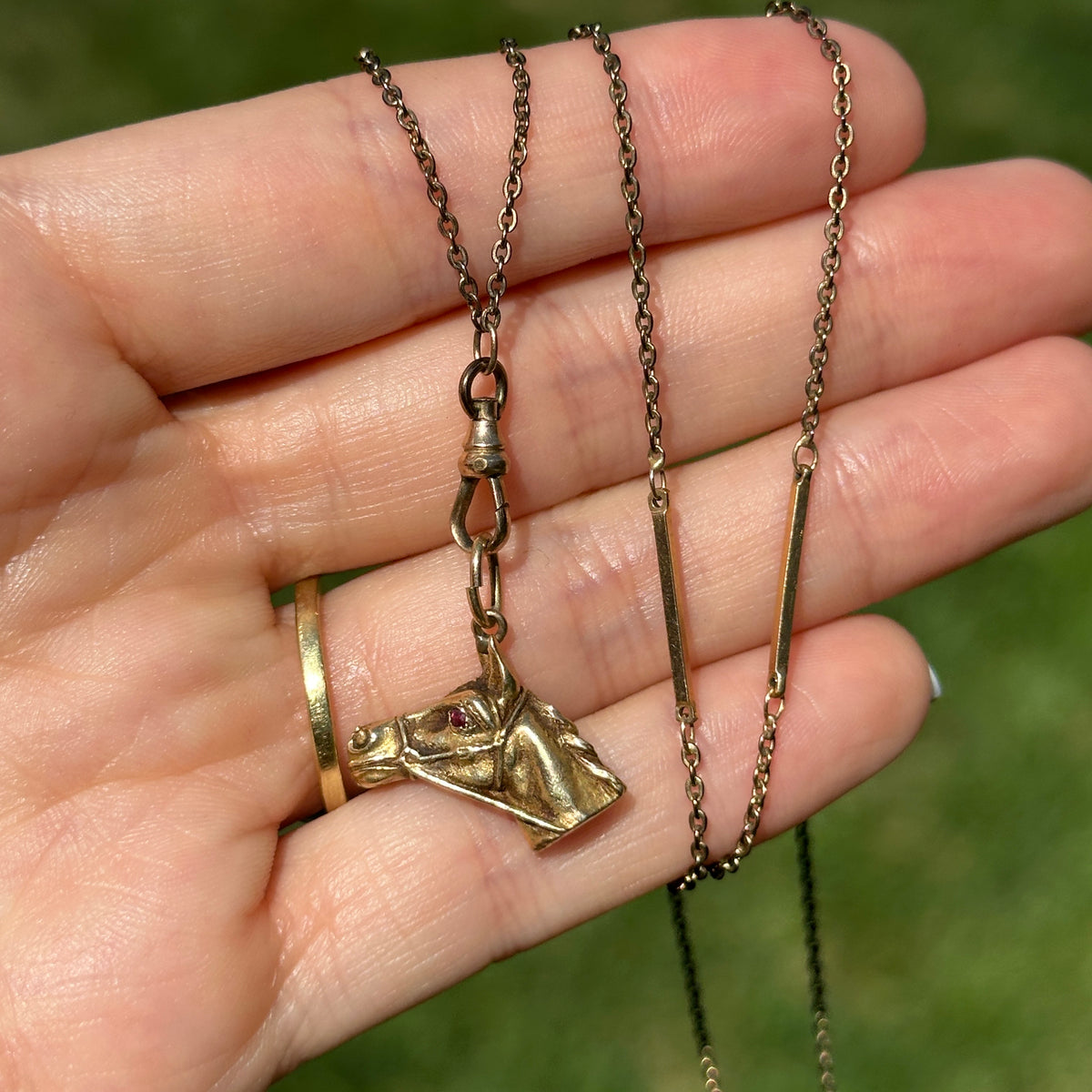 Estate Antique 14KT Yellow Gold Ruby Horse Pendant Necklace