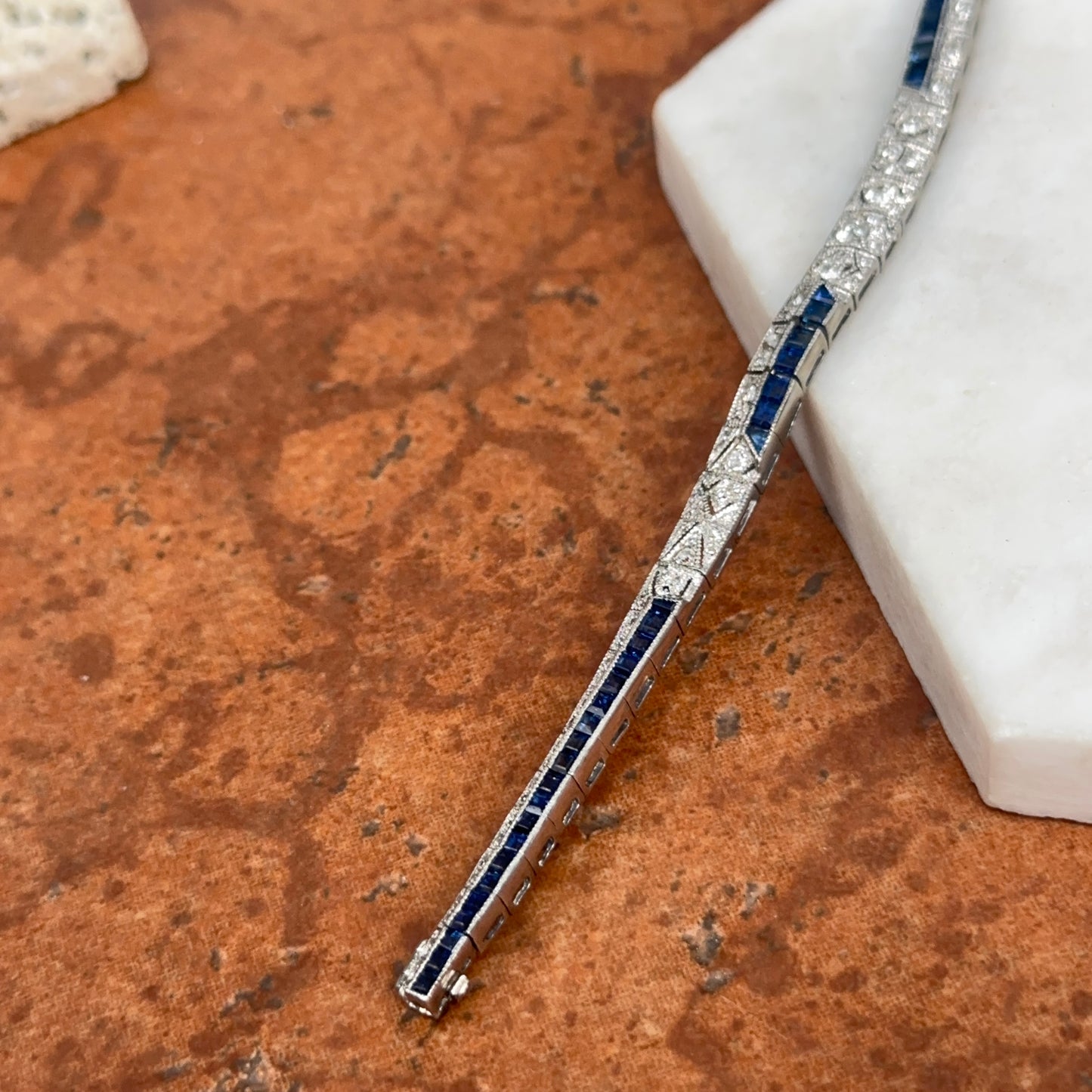 Estate Platinum Blue Sapphire + Diamond Art Deco Tennis Bracelet