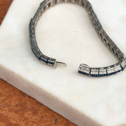 Estate Platinum Blue Sapphire + Diamond Art Deco Tennis Bracelet